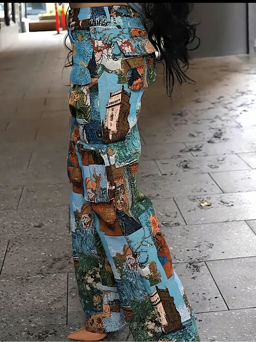 Blue Patchwork Print Wide-Leg Cargo Pants